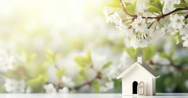 AI generated Toy house and cherry flowers, spring abstract natural background. Generative AI photo
