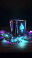 AI generated Some playing cards with glowing neon designs on a tablet. Generative AI photo