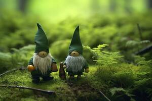 AI generated Toy Irish gnomes in a mystery forest, abstract green natural background. Generative AI photo