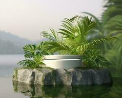 AI generated Stone product display podium for cosmetic product with green nature garden background. Generative AI photo
