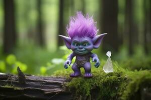 AI generated Tale troll with crystals in the forest, natural green background. Generative AI photo