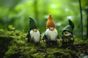 AI generated Toy Irish gnomes in a mystery forest, abstract green natural background. Generative AI photo