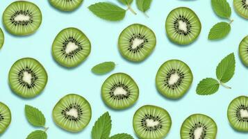 AI generated Slices of kiwi fruit and green mint leaves on a light pastel blue background. AI Generated photo