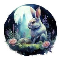 AI generated Watercolor Rabbit and Glowing Moon for T-shirt Design. AI Generated photo