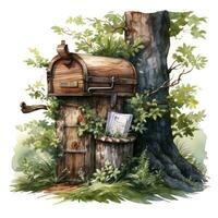 AI generated Watercolor mailbox in a tree on a white background. AI Generated photo