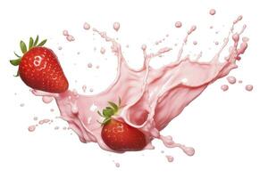 AI generated milk or yogurt splash with strawberries isolated on white background, 3d rendering. AI Generated photo