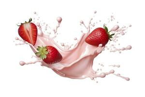 AI generated milk or yogurt splash with strawberries isolated on white background, 3d rendering. AI Generated photo