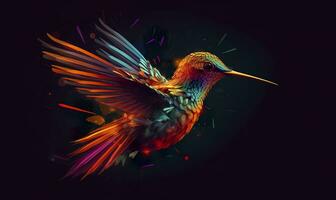 AI generated hummingbird logo with multiple colors flying through the air.  AI Generated photo
