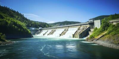 ai generado hidroeléctrico represa generando verde energía desde fluido agua. ai generado. foto