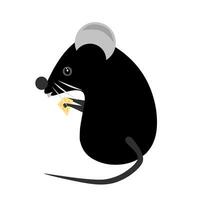 un negro ratón con un queso rebanada en sus boca vector