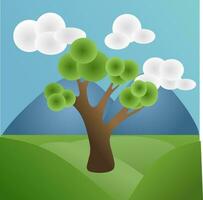 a cartoon tree with clouds and mountains in the background vector