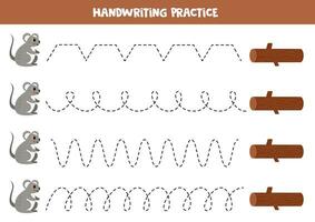 Tracing lines for kids. Cute cartoon mouse and tree log. Handwriting practice. vector