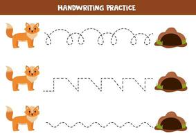 Tracing lines for kids. Cute cartoon fox and its burrow. Handwriting practice. vector