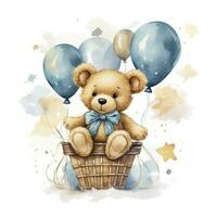 AI generated A watercolor baby teddy bear is sitting in the basket with blue and gold balloons. AI Generated photo