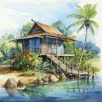 AI generated A watercolored bright serene image of a traditional bahay kubo. AI Generated photo