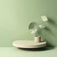 AI generated Empty podium with Ginkgo Biloba leaves and shadows on pastel green background.  AI Generated. photo