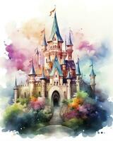 AI generated Colorful watercolor kawaii castle isolated on white background. AI Generated photo