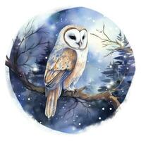 AI generated Watercolor magical owl sitting on a tree branch for T-shirt Design. AI Generated photo