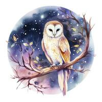 AI generated Watercolor magical owl sitting on a tree branch for T-shirt Design. AI Generated photo