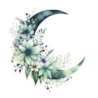 AI generated Watercolor floral Moon with greenery on a white background. AI Generated photo