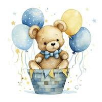 AI generated A watercolor baby teddy bear is sitting in the basket with blue and gold balloons. AI Generated photo