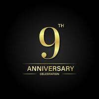 9th anniversary celebration with gold color and black background. Vector design for celebrations, invitation cards and greeting cards.