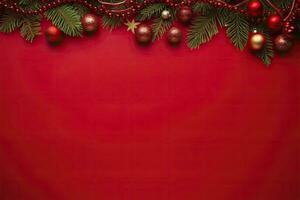 AI generated Christmas or New Year red background with fir decor. AI Generated photo