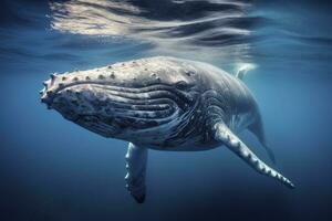 ai generado joven jorobado ballena en azul agua. ai generado foto