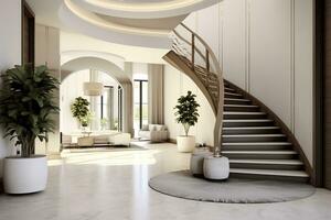 AI generated The interior design of the modern entrance hall with a staircase in the villa. AI Generated photo