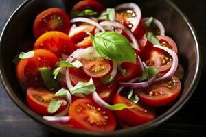 AI generated Healthy tomato salad with onion basil olive oil and balsamic vinegar. AI Generated photo