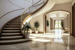 AI generated The interior design of the modern entrance hall with a staircase in the villa. AI Generated photo