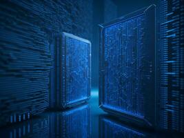 AI generated Blue digital binary data on computer screen background. binary code background . abstract blue background photo