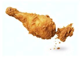 AI generated Fried chicken leg falling in the air isolated on a white background. AI Generated. photo