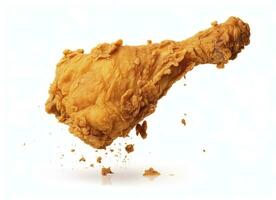 AI generated Fried chicken leg falling in the air isolated on a white background. AI Generated. photo