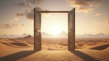 ai generado el abrió puerta en el desierto. desconocido y comienzo arriba concepto. ai generado. foto