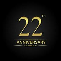 22th anniversary celebration with gold color and black background. Vector design for celebrations, invitation cards and greeting cards.