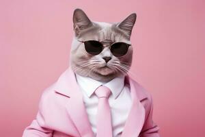 ai generado un gato es vistiendo Gafas de sol y traje en rosado antecedentes. ai generado foto