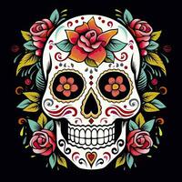 AI generated Mexican roses skull. Mexican roses skull. Dia de los muertos shugar colorful head. AI Generated photo