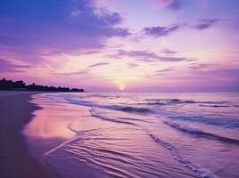 AI generated Summer beach with blue water and purple sky at the sunset.  AI Generated. photo