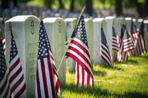 AI generated Military Headstones and Gravestones Decorated With Flags for Memorial Day.  AI Generated photo