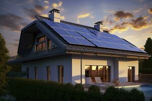 AI generated Modern house with blue solar panels on the roof. End of the day, sunset. AI Generated photo