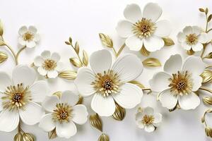 AI generated 3d gold flowers white backgroung. AI Generated photo