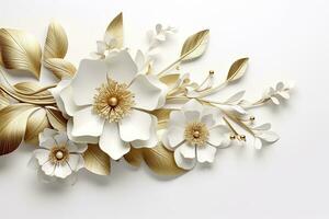 AI generated 3d gold flowers white backgroung. AI Generated photo