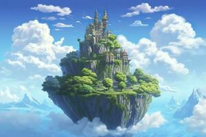 AI generated Ancient Heavenly Floating island in the sky with a castle, vibrant, fantasypunk, AI Generative photo