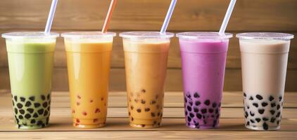 AI generated Plastic cups of different tasty bubble tea on wooden background. Generative AI photo