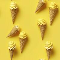 AI generated Ice Cream pattern on yellow background, top view. AI Generated photo