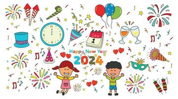 Kids drawing vector Illustration set of Happy New Year 2024 in a cartoon style Isolated on White Background