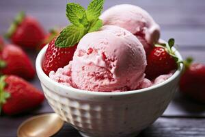 AI generated Strawberry Ice Cream with Fresh Strawberries. AI Generated photo