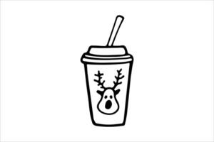 A cup of coffee to go doodle icon. A mug with a winter reindeer Christmas design. Coffee take away with deer print vector