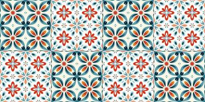 Scandinavian Style Tile in blue and red colors. Ethnic Vector Seamless Floral Pattern. Abstract Square Geometric Swatch for Wrapping Paper, Indoor Decor, or Fabric